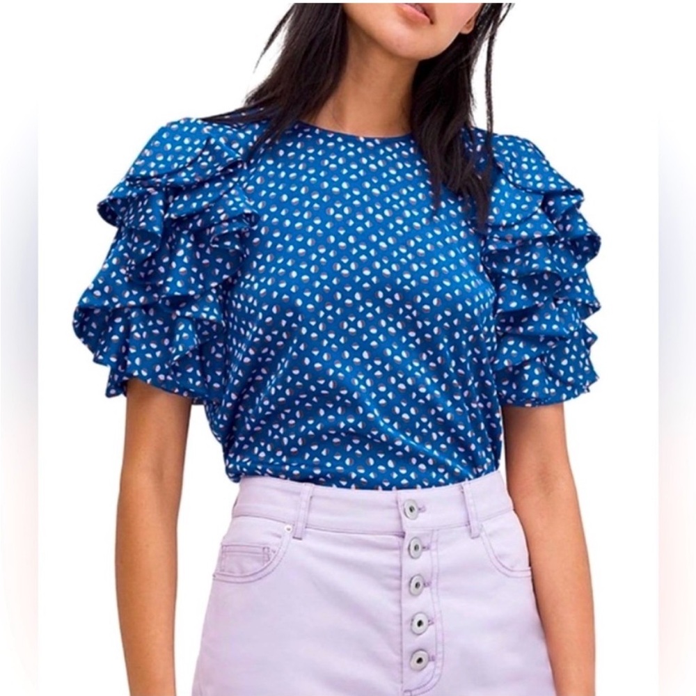 Kate Spade Geo Dot Satin Blouse with Ruffle Puff Sleeve
